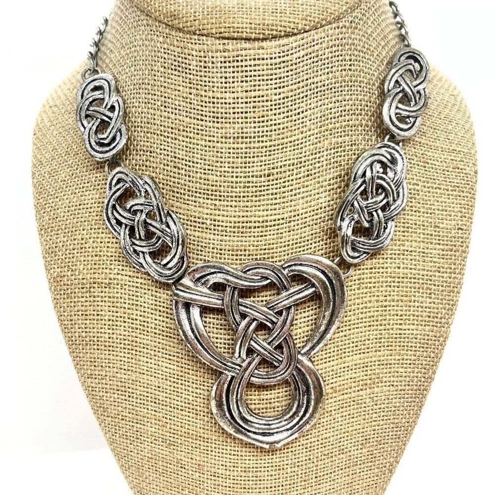 Vintage Celtic Knot Necklace Silver Tone Adjustable Pendant Bib Statement Boho